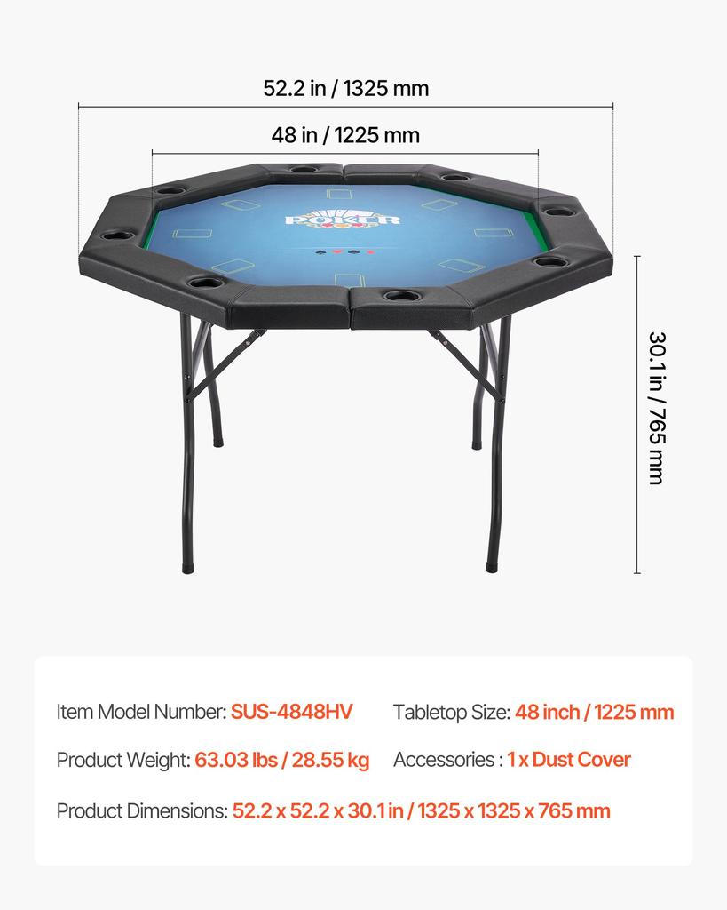 VEVOR Foldable Poker Table, 8 Player 1220 Mm Folding Casino Leisure Table with Padded Rails & Cup Holders