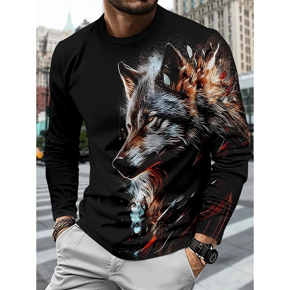 Spring and Autumn Round Neck Animal Pattern 3D Printed Top Fashionable Casual Long Sleeved Men's T-shirts