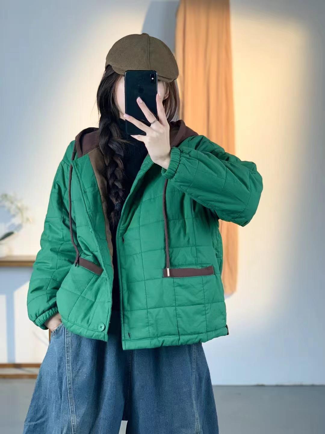 

Hooded drawstring cotton-padded clothes 2025 autumn and winter casual style loose short style warm fashion button style versatile outer women one size fits all зелений