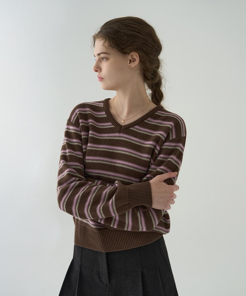 Deuloupisumeon Ripple Stripe Cotton V-Neck Knit [Black]