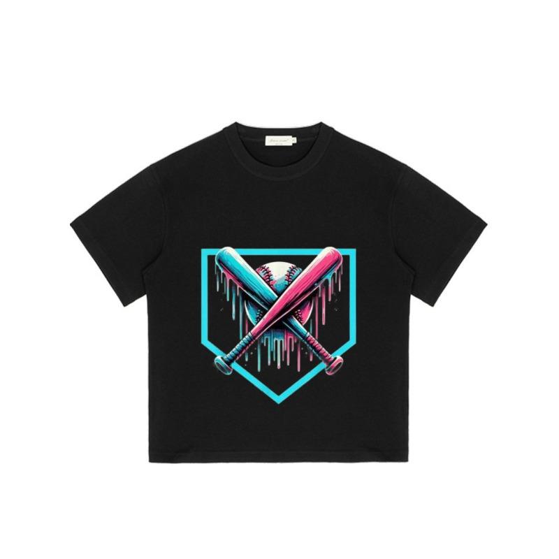 Black T Shirt with Crossed Baseball Bats and Ball Dripping Neon Colors Design for Casual Wear