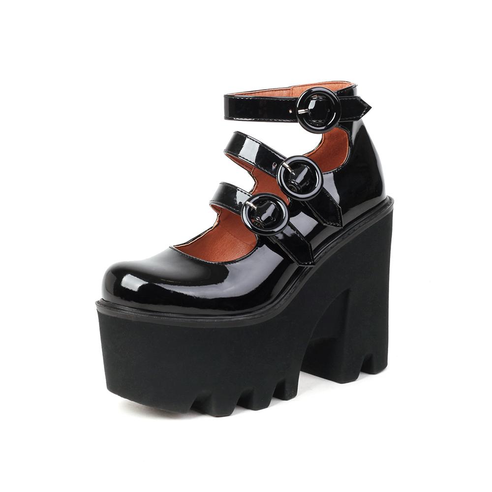 Three Rows Of Round Buckle Super High Wedges Sexy Women's Pumps Bright Patent Leather Super High Platform Women's High Heels