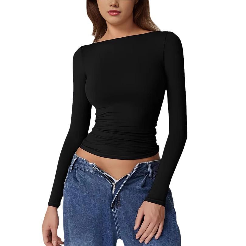 European & American Style Backless Long-Sleeve Slim Fit Tops - Sexy, Stylish Autumn Round Neck T-Shirts for Women