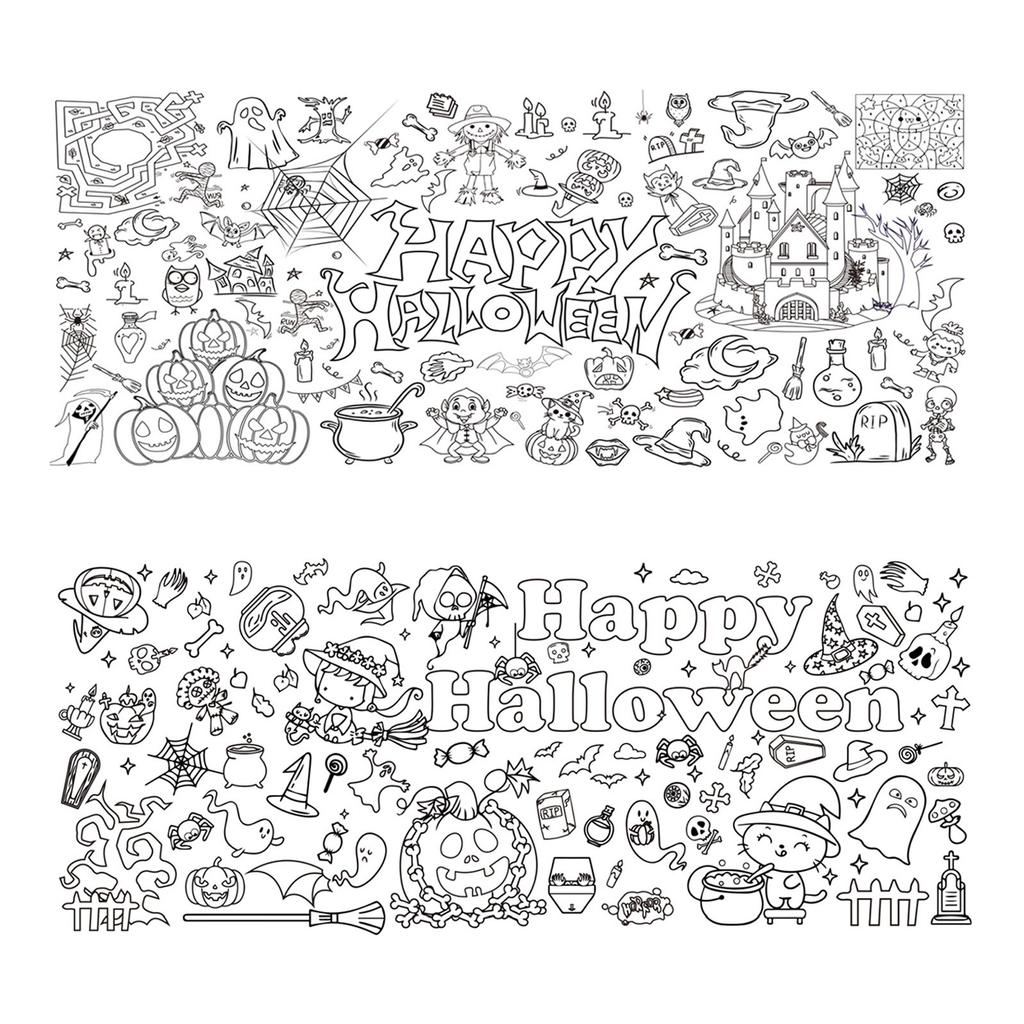 Halloween Coloring Poster Kids Pumpkins Castle Cute Background Decoration, Waterproof Coloring Paper Tablecloth, Halloween Decoration