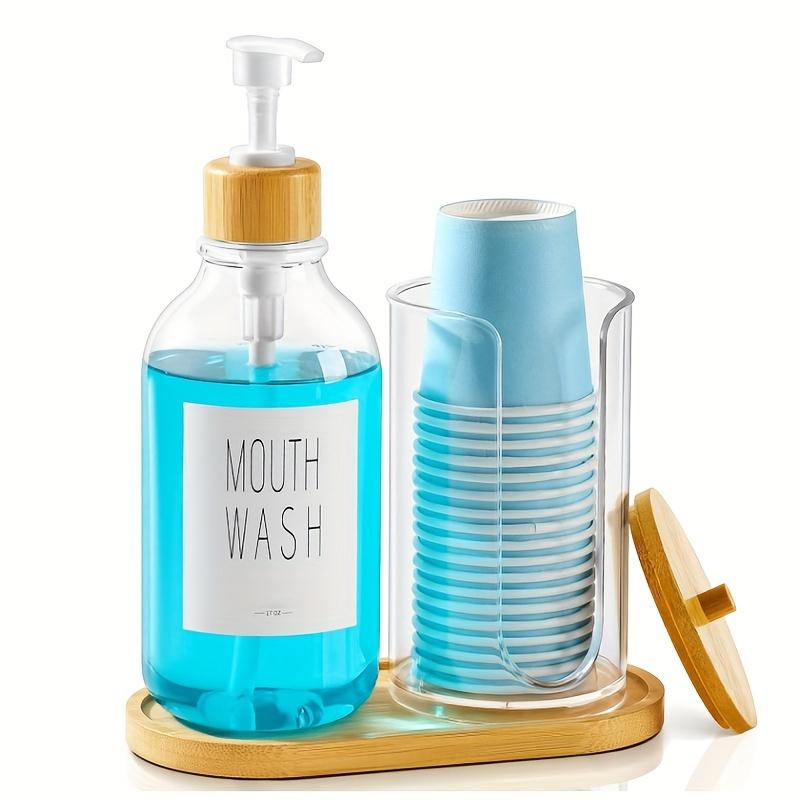 Mouthwash Dispenser for Bathroom, Mouth Wash Pump Bottle with Paper Cup Holder, 17Oz Refillable White Mouthwash Container with B