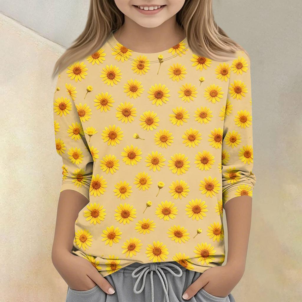 Girls Floral Print Crew Neck Three Quarter Sleeve Casual T Shirt Lightweight Soft Fabric Comfortable Fit Everyday Wear