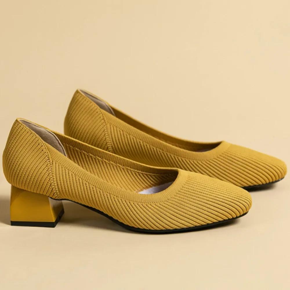 Rough Order Shoes Women Mid Heel 4cm Breathable Knitted Oversized Soft Soled Casual Woven Shoes Cloth Shoes Wide Heels Women