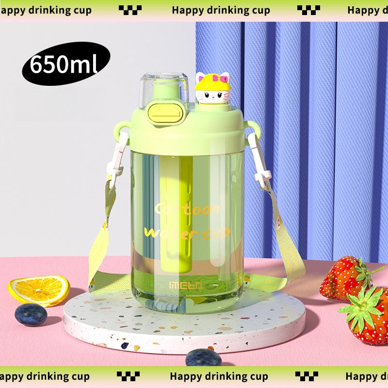 Creative Doll Double Drinking Fruit Teacup Independent Tea Warehouse Direct Drinking Straw Dual-purpose Water Cup Crossbody Strap Plastic Cup