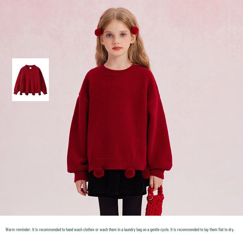 Girls  Cinnabar Red New Year Pullover Sweater 150