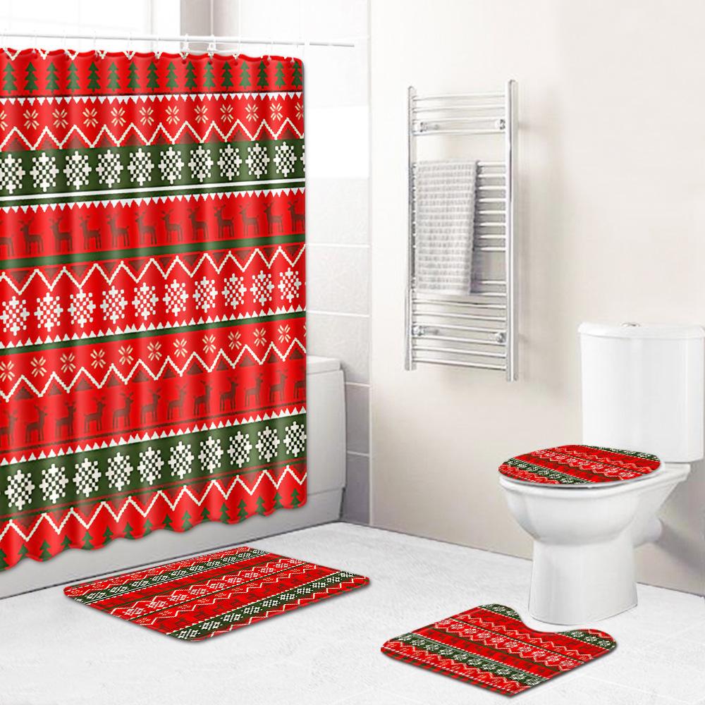 Christmas Shower Curtain Floor Mat Combination Four-Piece Set Kitchen Door Mat Bedroom Living Room Carpet
