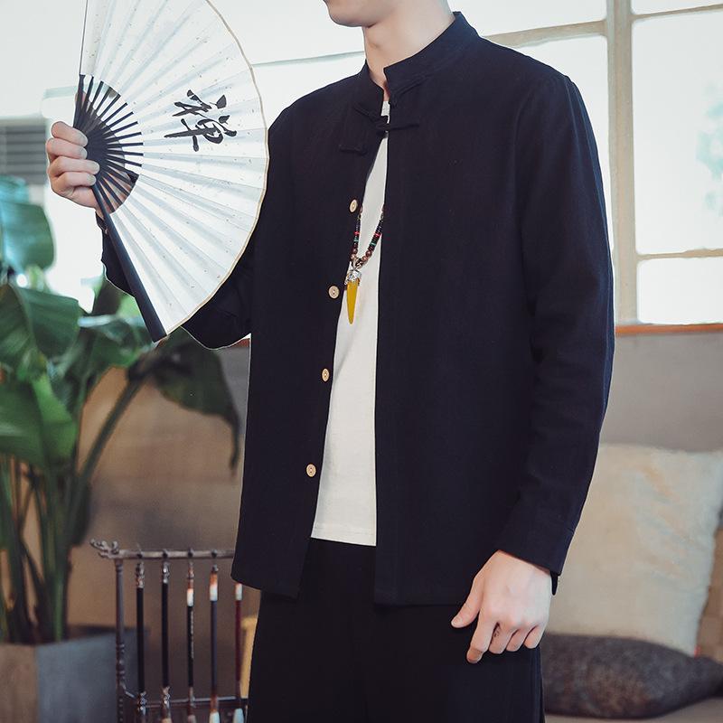 

Весенне-осенняя мужская рубашка-куртка в китайском стиле, хлопковая, с полосой, китайский стиль Тан, рубашка с длинным рукавом, мужская одежда для выступлений 5XL чёрный