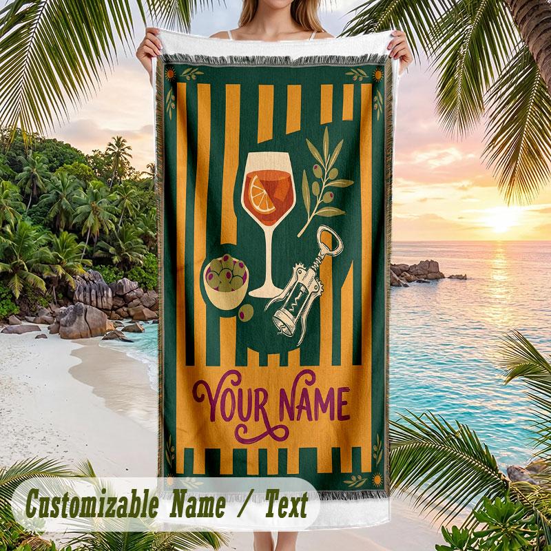 Windmill Village Adventure Theme Quick Dry Beach Towel Custom Name Text Print Large Sand Resistant Towel Beach Vacation