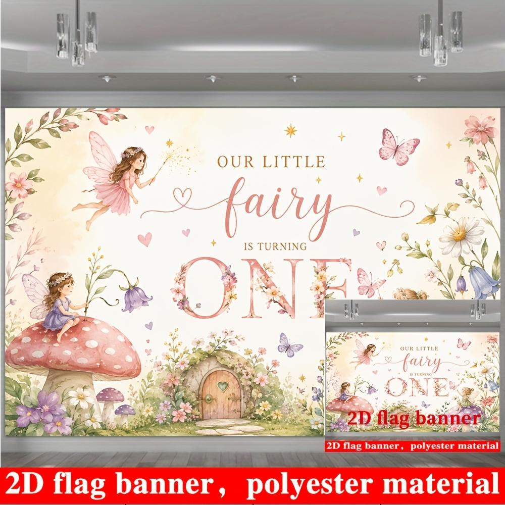 Fairy Theme 1st Birthday Backdrop Beige Mushrooms Wildflowers Cottage Photo