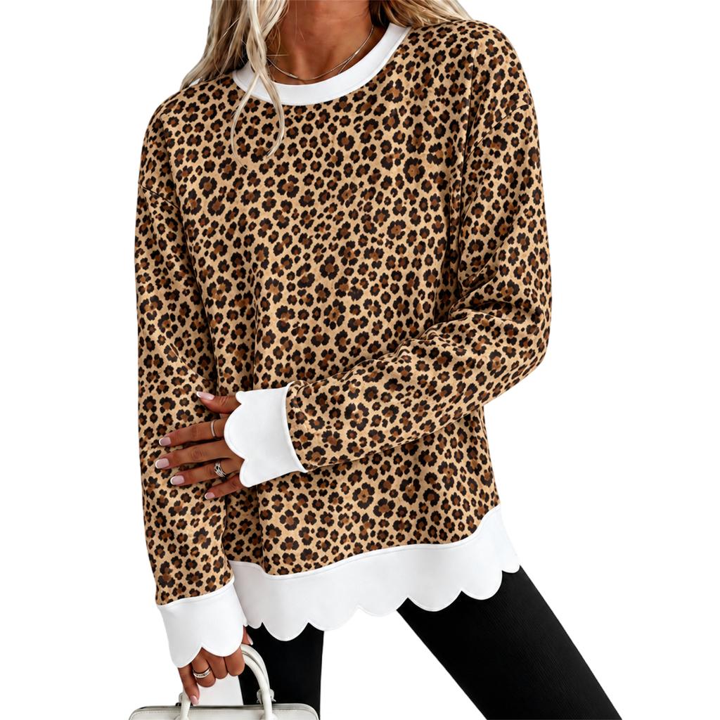 Women's Leopard Print Crewneck Sweatshirt Casual Relaxed Fit Pullover for Fall Winter Work
