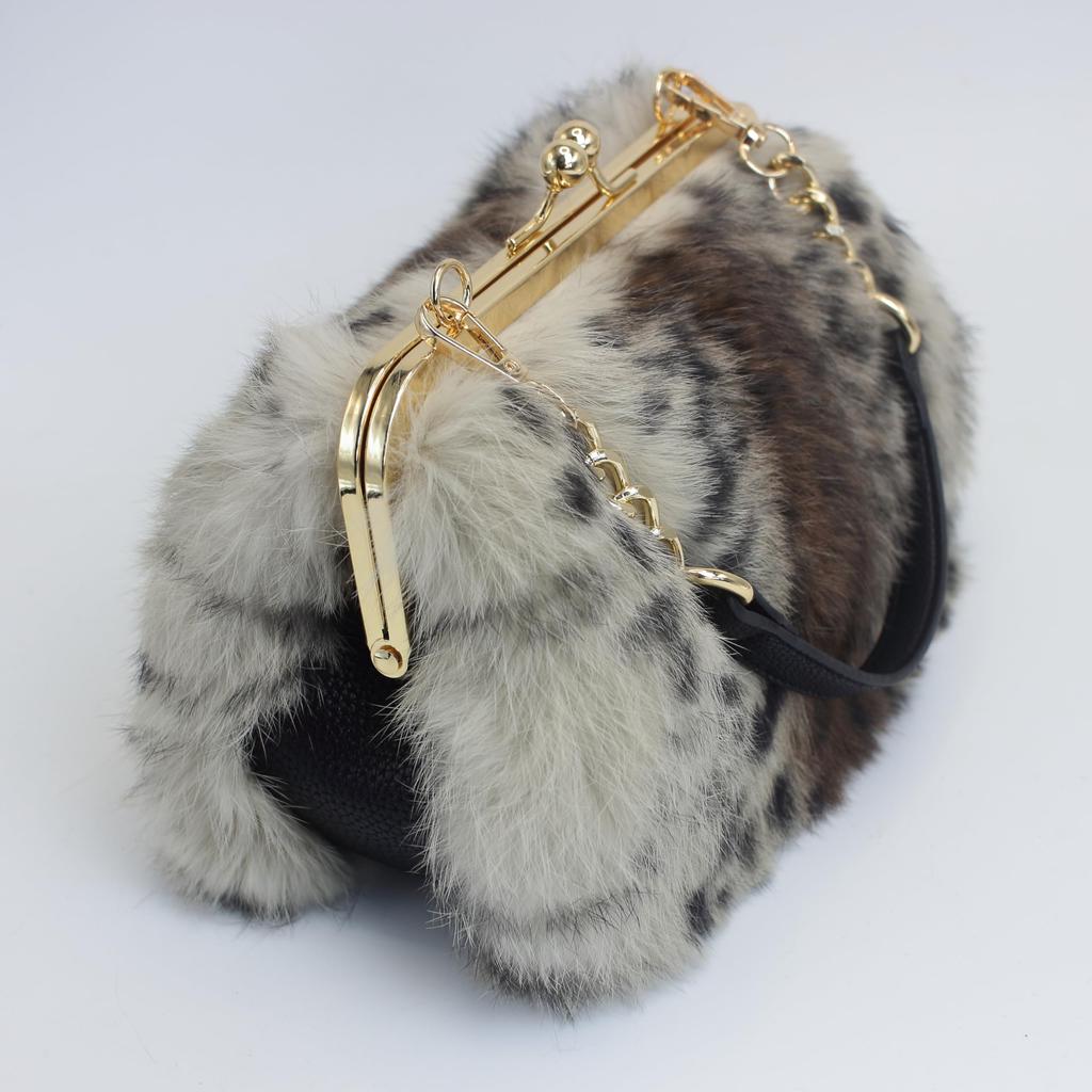 Fosrion Echte Kaninchenfell-Verschluss Handtasche für Damen, Klein, 2-Wege, Tierprint, mit Schultergurt (Braunes Kamm-Muster)