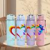 1PC Rainbow Color Heart Hand Art Print 750ml Color Plastic Sports Water Bottle Leakproof Flip Straw Lid Suitable for Sports Office Home Use