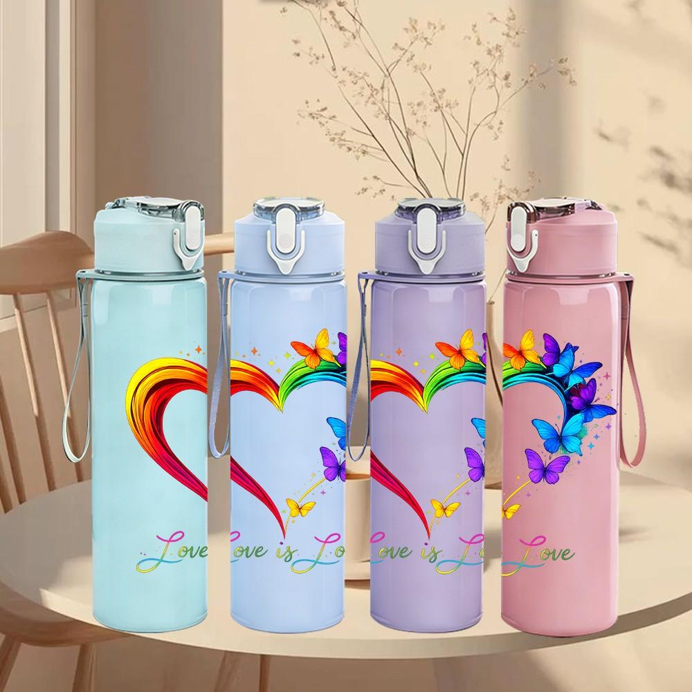1PC Rainbow Color Heart Hand Art Print 750ml Color Plastic Sports Water Bottle Leakproof Flip Straw Lid Suitable for Sports Office Home Use