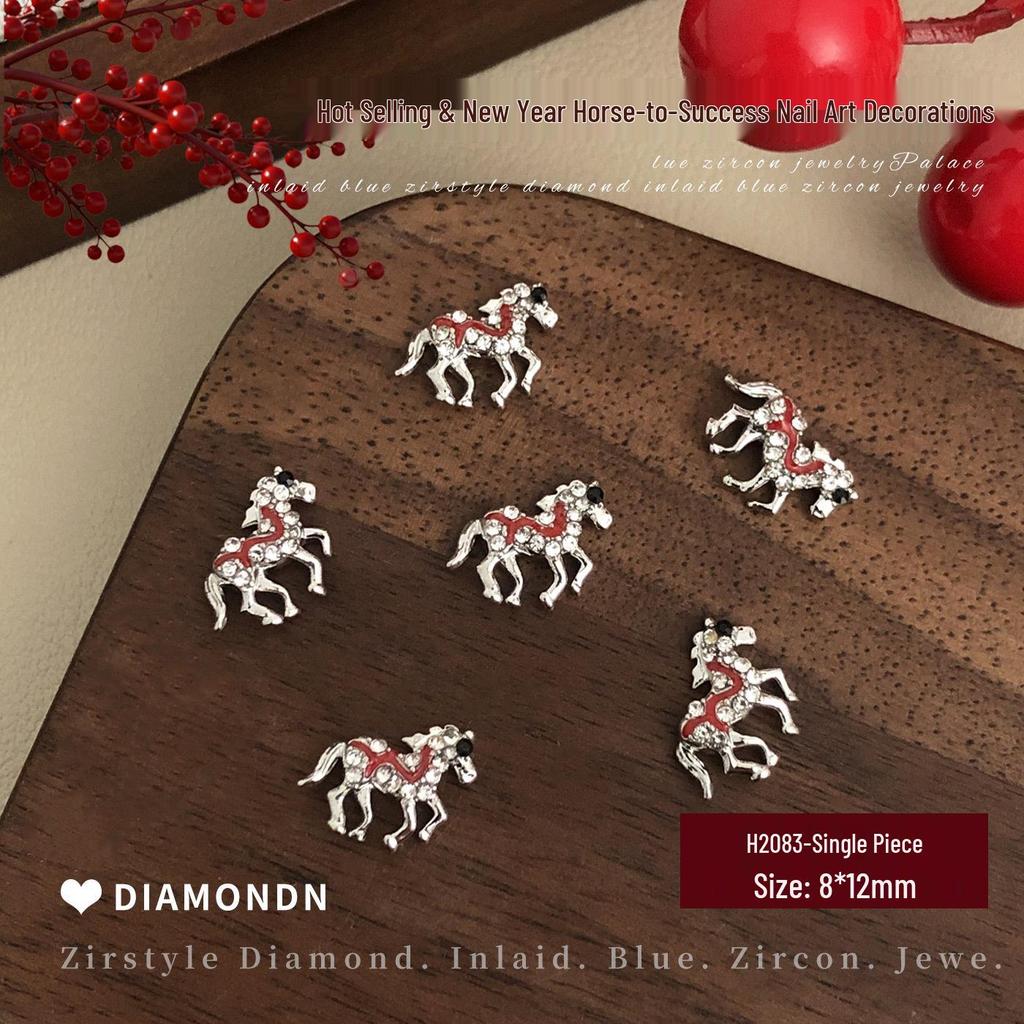 2026 New Year Little Horse Nail Art Decorations - Gold, Silver, and Red Rhinestone Press-on Nail Accessories