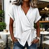 Women Tops V Neck Short Sleeve Pure Color Shirt with Side Tie Irregular Loose Fit Tee Shirt Summer Daily Wear