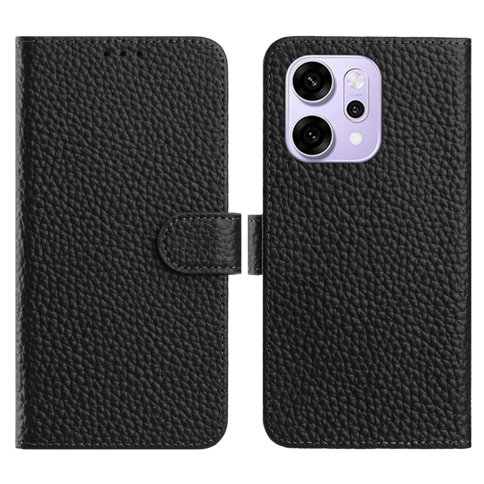 

For Oppo Reno14 5G (Global) Case Wallet Stand Litchi Texture Genuine Cow Leather Flip Phone Cover Black