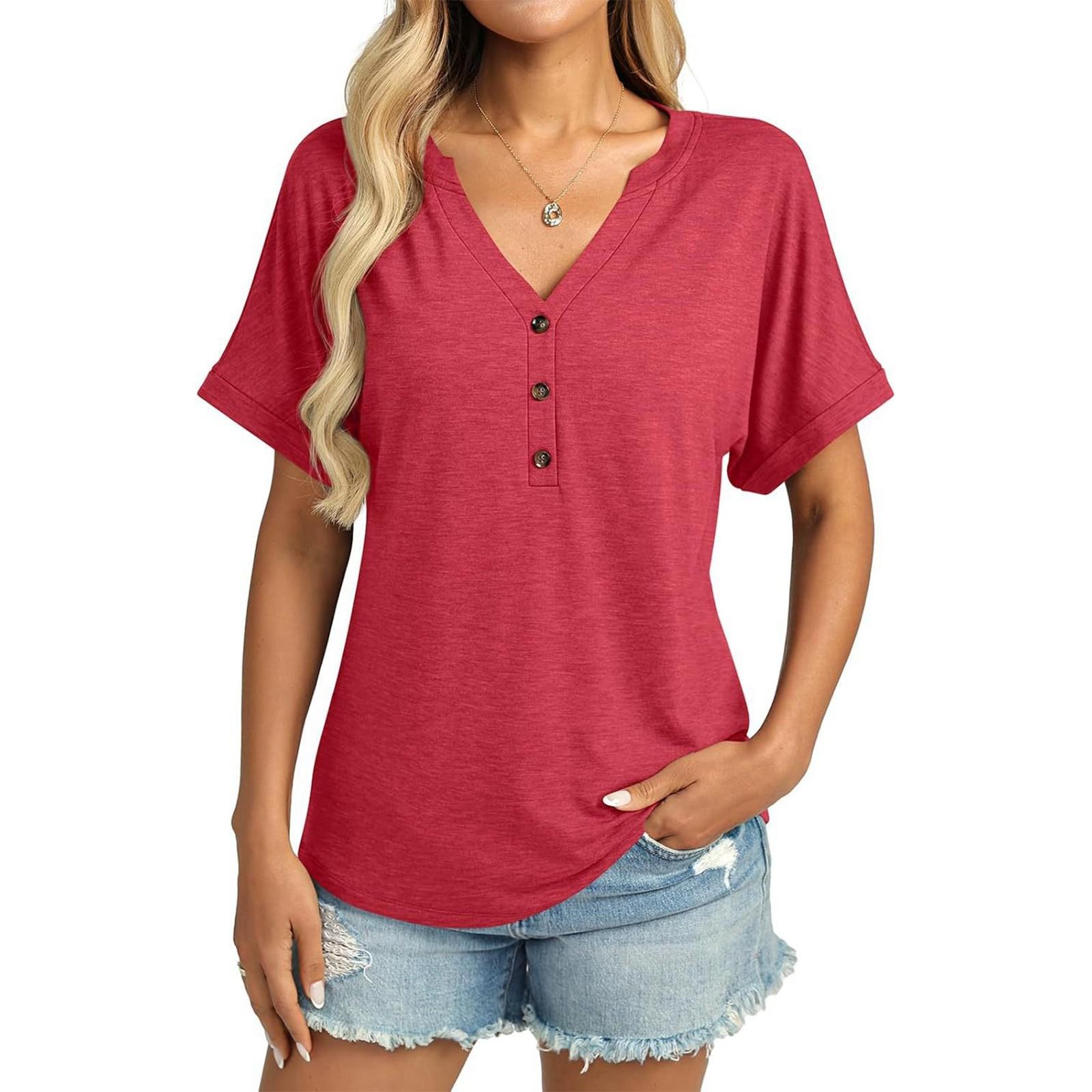

Women s Fashion Color V Neck Button Loose Short Sleeved Pullover T-shirt Top XL красный
