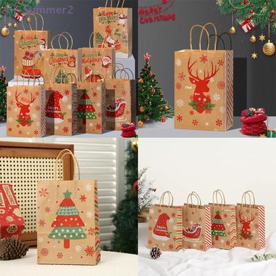 {MX} 4Pcs Christmas Party Gift Packing Bags With Handles Cute Reindeer Santa Print Kraft Paper Bags For Xmas Gifts Candy Favors