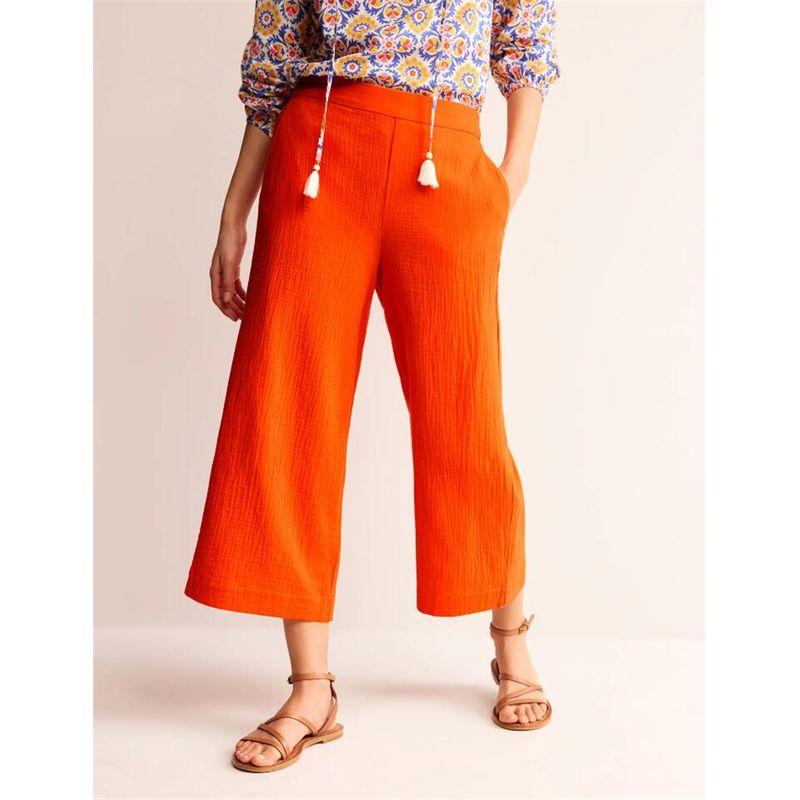 

British BD OEM Goods Plaid Gauze Cotton Side Pocket Elastic Waist Summer Official Website New Arrival Bright Color Women s Wide Leg Cropped Pants Orange UK20