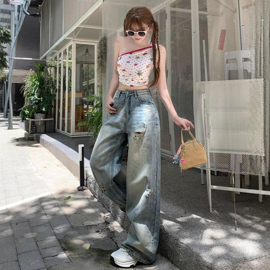 Fashionable Comfortable High Street Broken Jeans Women Years Straight Small Loose High Waist Thin Wide Leg Trousers Jeans for Women Long Denim Pants
