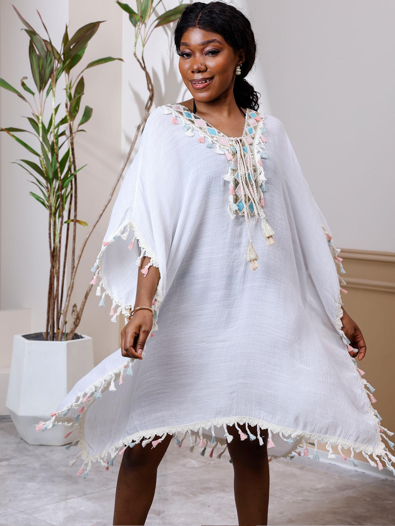 

Сексуальная пляжная накидка от солнца с золотой кисточкой - Шаль большого размера One Size белый