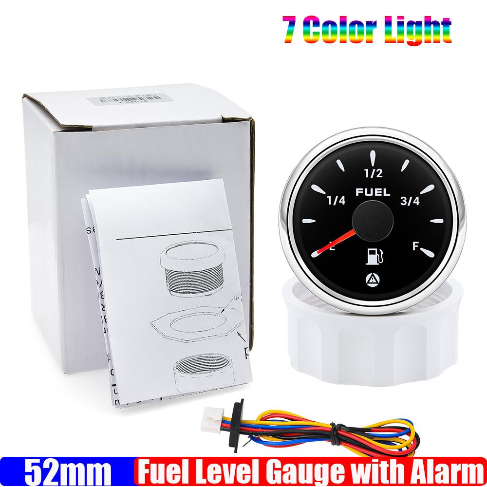 7 Color LED Auto Car 2"52mm Fuel Level Gauge with Flashing Alarm 0-190ohm Fuel Level Sensor 100-600mm  for Marine Boat