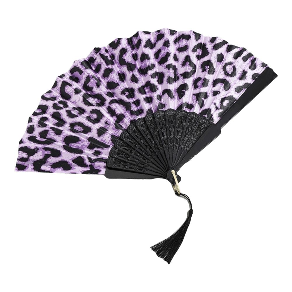 Tassel Leopard Print Fan Collapsible Dance Fan Portable Folding Fan Summer Season Purple Leopard