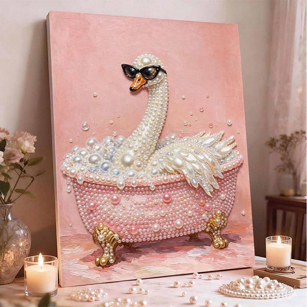 DIY Framed Pearl Painting Kit with Elegant Swan in Bathtub 5D Sparkling Bead Art Canvas Ready to Display Home Decor Modern Gift Idea