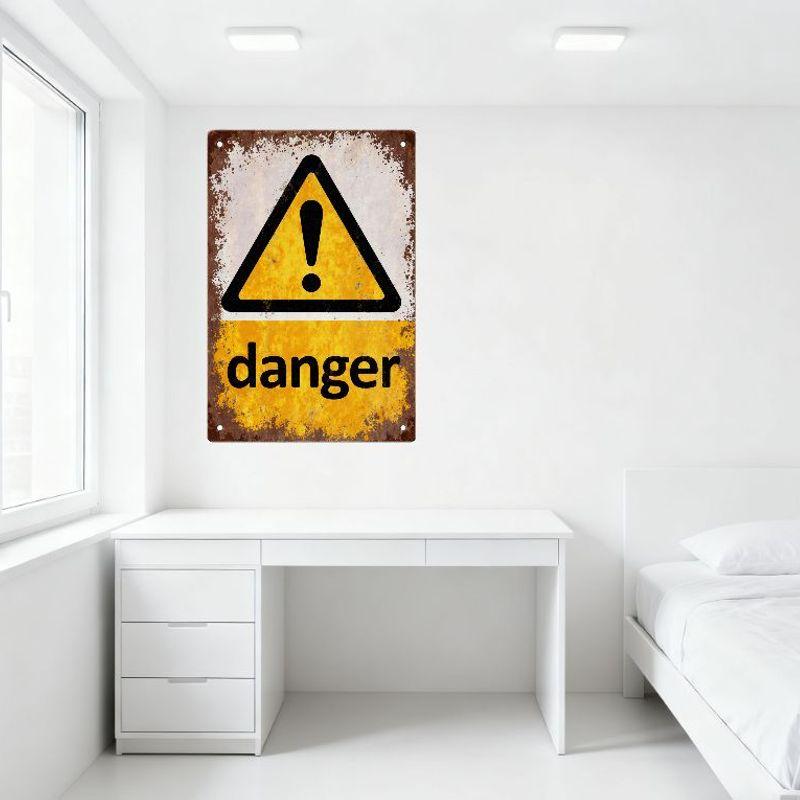 Vintage Weathered Metal Warning Sign Danger Triangle Exclamation Mark Rustic Brown Wall Art for Home Office Decor