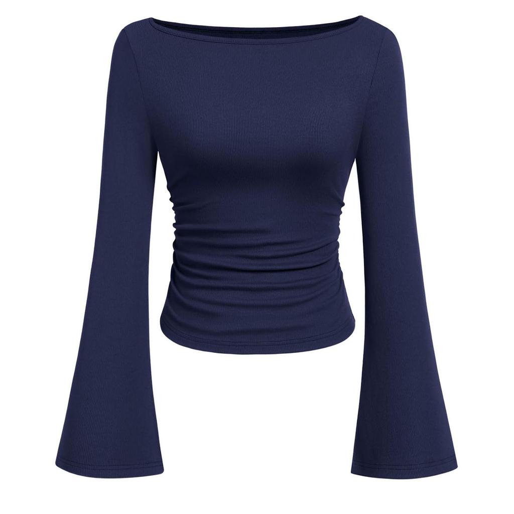 Women' Fashionable Pure-colored Flared-sleeve Long-sleeved Top