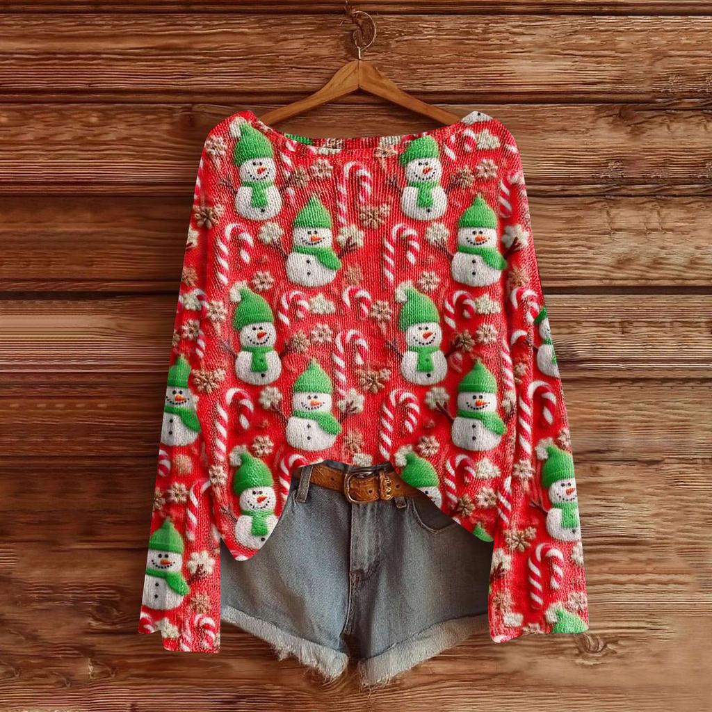 Damemote Langermet Christmas Snowman Snowflake Print Jakke Cardigan