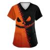 Women's V Neck Short Sleeve Work Shirt Halloween Print Top with Side Slits and Pockets Casual Fit Comfortable Fabric for Daily Wear