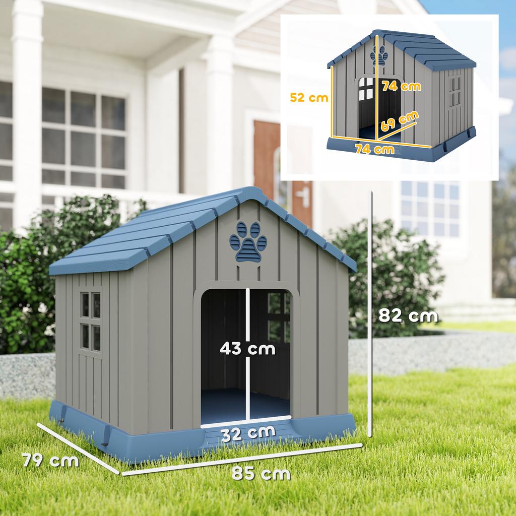 Waterproof Outdoor Dog House for Medium Size Dogs with Raised Base and Windows, 85x79x82 cm, Grey