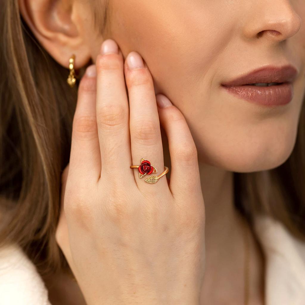Leaf and Red Rose Flower Open Rings Cuff for Women Flower Charm Adjustable Size Love Romantic Birthday Jewelry GIft for Her