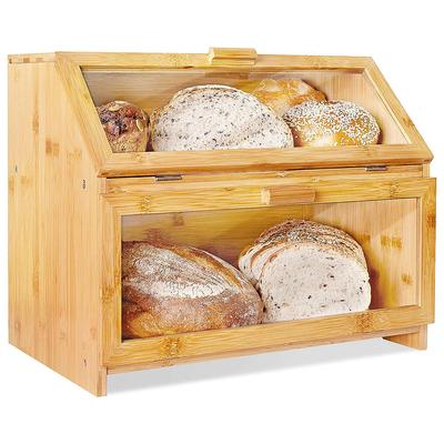 Bread Box For Kitchen Countertop  Double Layer Bread Storage With Clear Windows, Extra Large Bread Container, Rustic Farmhouse Style Bamboo Wooden Bre