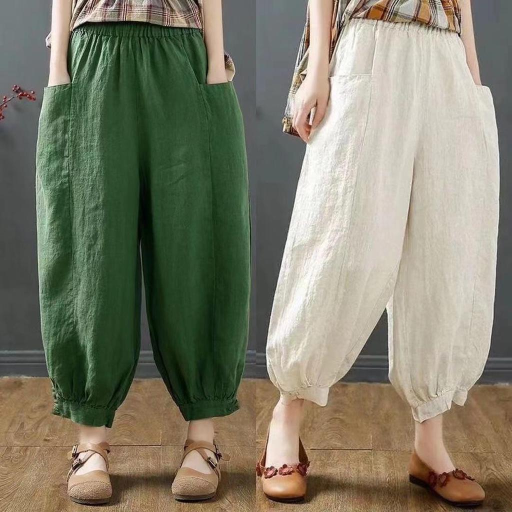 Culottes en Coton et Lin pour Femmes, Nouveau Style d'Été Pantalon Mi-long, Couleur Unie Décontracté Ample Pantalon Harem