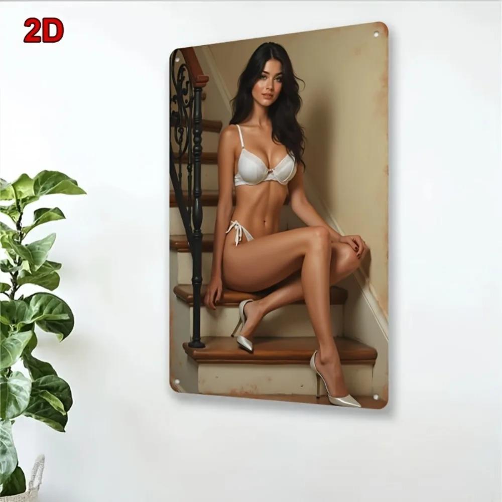 Vintage Metal Wall Art Sign "Sexy Woman On Stairs" 8x12 Inch Home Bar Decor