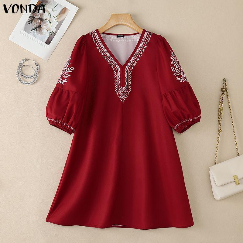 VONDA S-5XL Summer Women V Neck 3/4 Sleeve Print Elegnat Casual Loose Dress