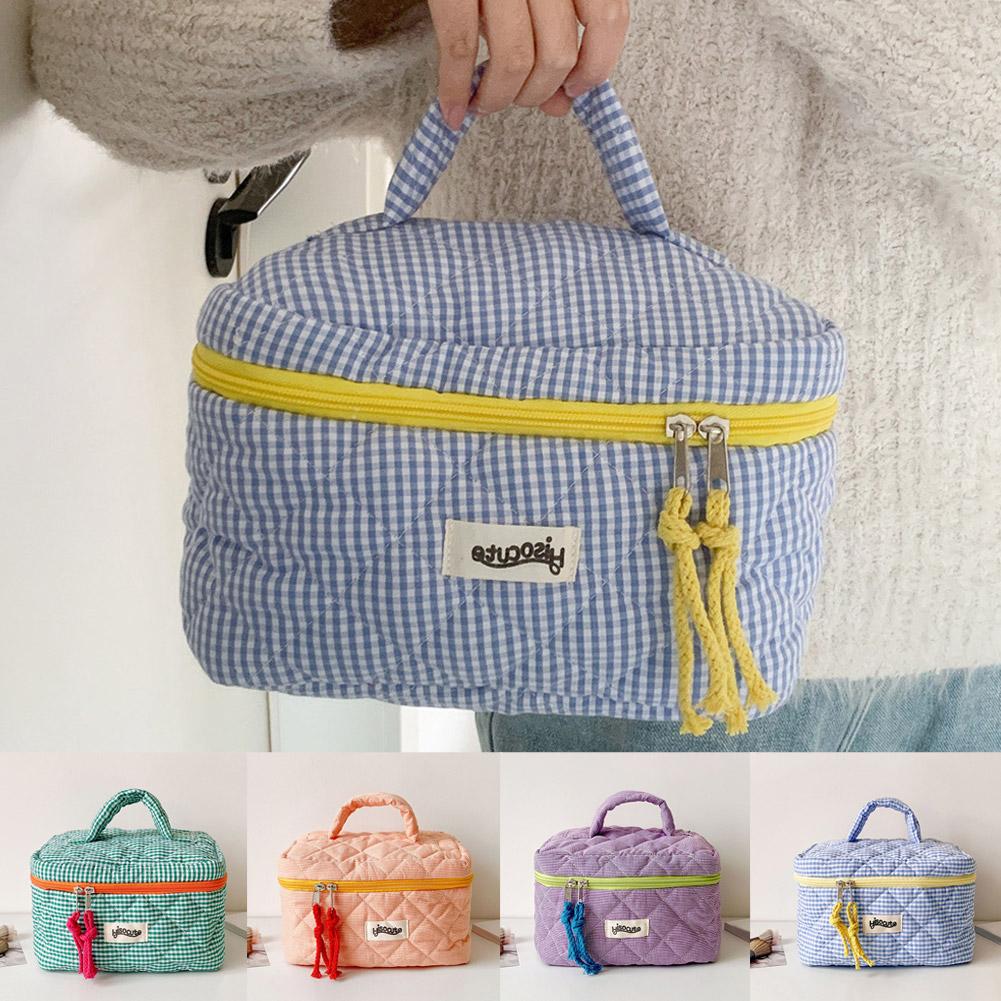 Hand-held Makeup Bag Large Capacity Portable Check Pattern Cosmetics Storage Bag Toiletries & Miscellaneous Items Storage Bag