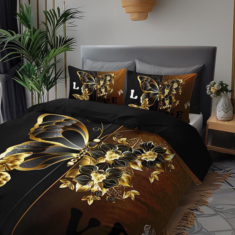 3Pcs Luxury Golden Butterfly Floral Bedding Duvet Cover Set Romantic Love Butterfly Bedding Quilt Set Black Golden Butterfly