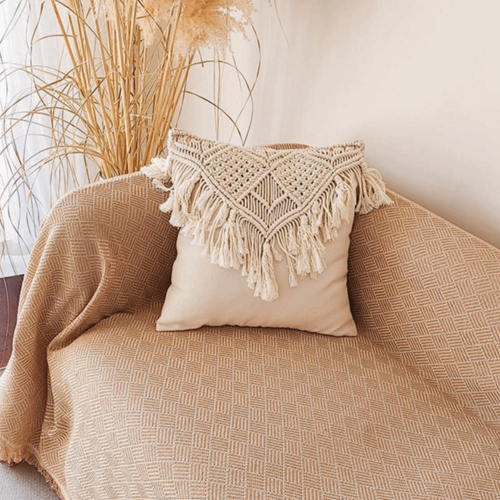 Home Decor Hand-woven Bohemian Macrame Pillow Cover with Tassel Square Sofa Cushion Cover Pastoral Washable Pillowslip Cafe
