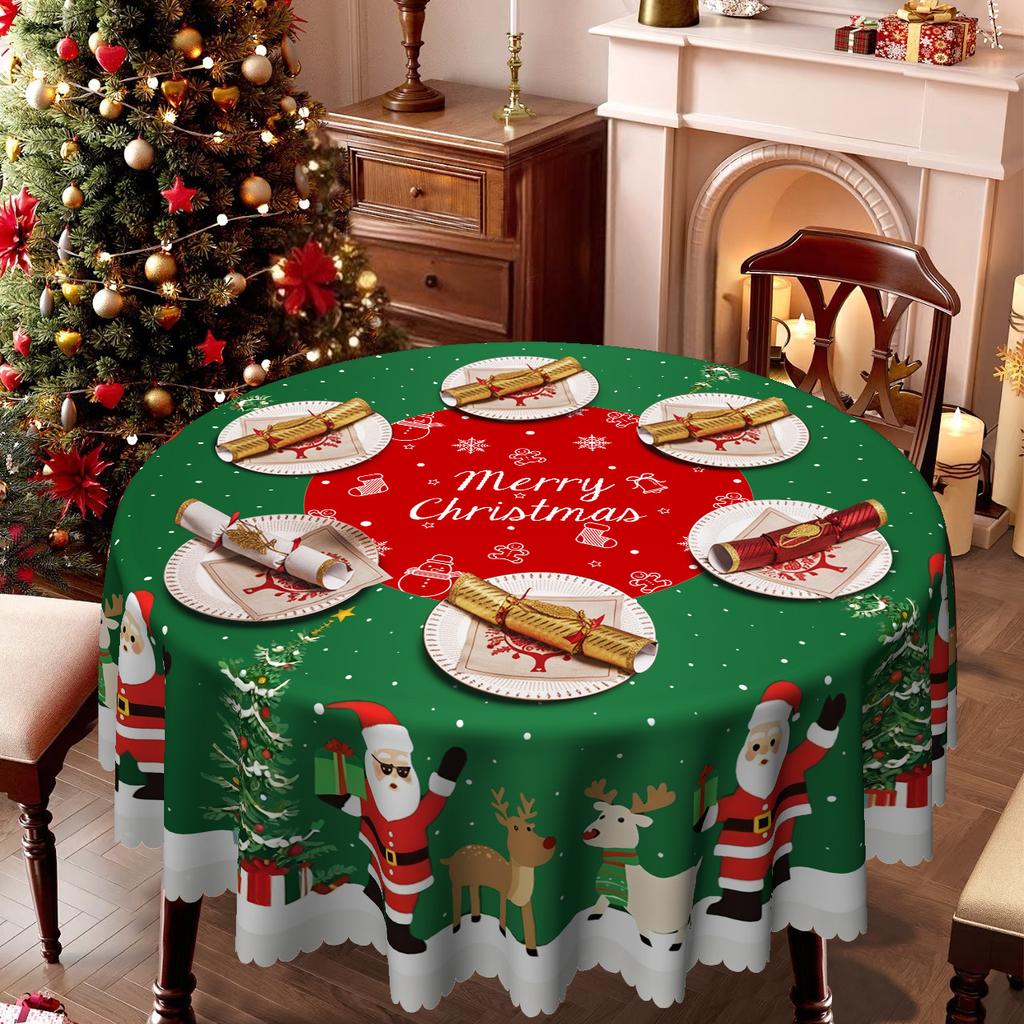 Christmas Tablecloth, Santa Claus Elk Snowman, Red And Green Contrasting Colors, Waterproof And Oil-Proof, Atmospheric Layout