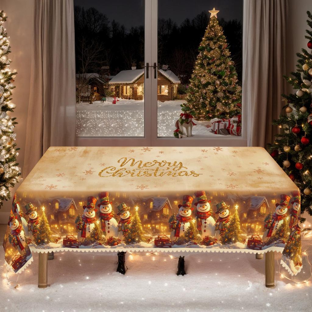 Tablecloth with Embossed Edges , Featuring a Merry Christmas Theme for Parties, Adorned with a Buffalo Check Bow, Poinsettias, Christmas Trees
