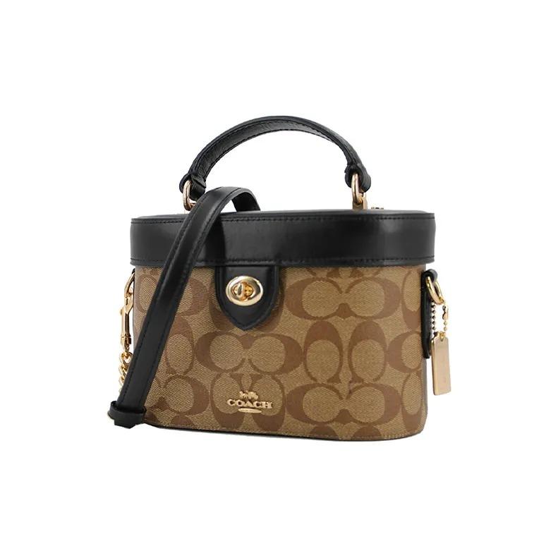 Coach Kay 20 Classic Full-Print Logo Box Bag Single Shoulder Crossbody Bag PVC with Leather Handbag Small Female Black and Brown Patchwork Pattern
