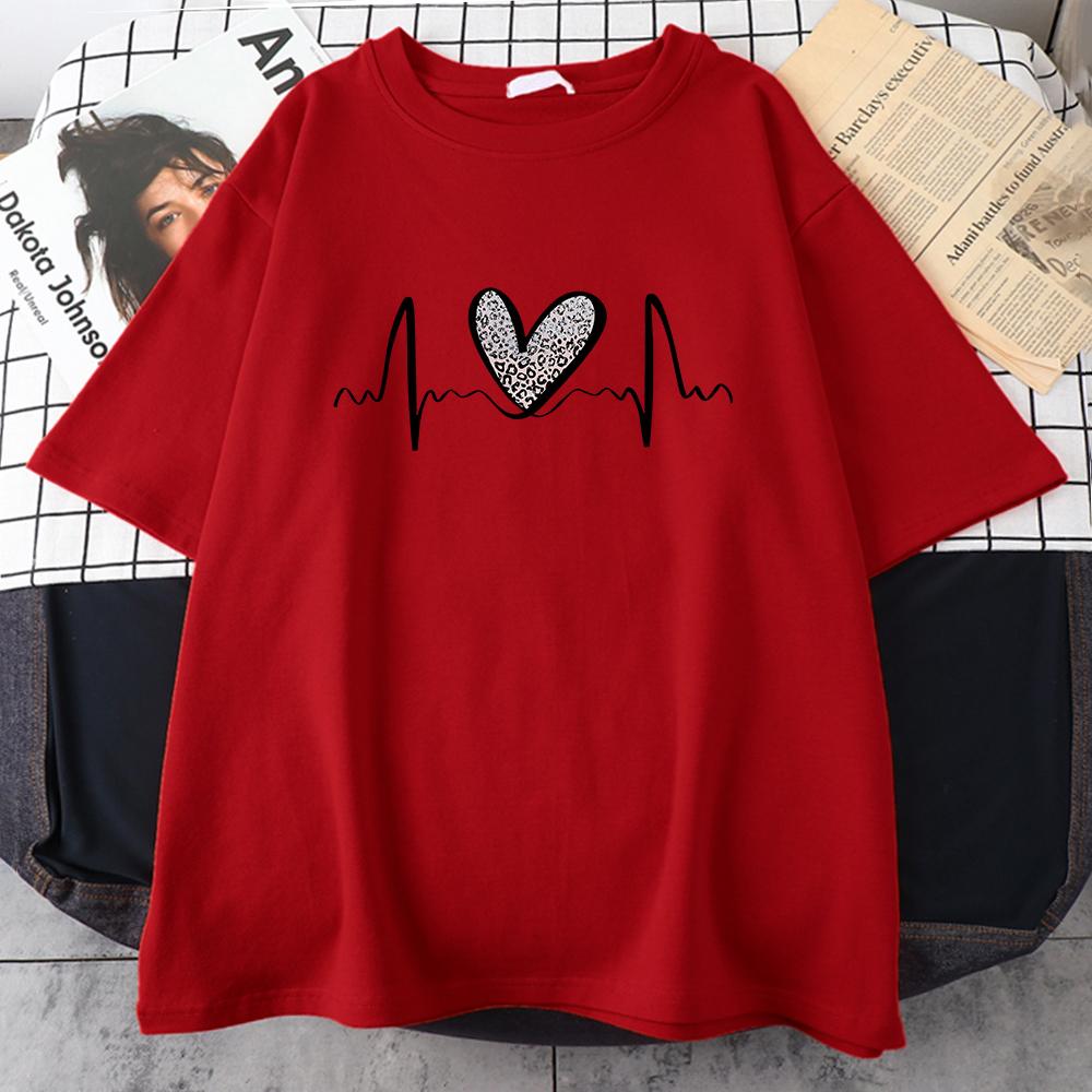 Fluctuating Leopard Heart Electrocardiogram T-Shirt Women Summer Soft Clothing Short Sleeve Plus Size Cotton Tshirts