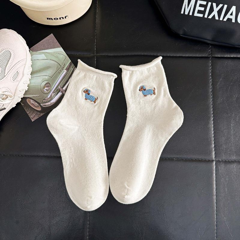 Spring and Summer White Socks with Cartoonish Cute Sausage Dog Embroidery, Rolled Cuffs Mid-calf Socks, Boneless Pile Socks, Postpartum Care Socks